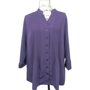 Essentials Purple Button Up Pleated Blouse Career Office Size 1X